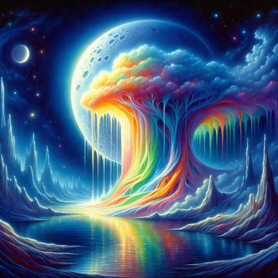 The primary subject of the image is a colorful tree with a moon in the background. The tree is surrounded by a blue and purple sky, creating a vibrant and lively atmosphere. The visual style of the image is digital art, with the tree and moon being the main focus of the composition. The colors and mood of the image are predominantly blue and purple, giving the scene a serene and dreamy quality.